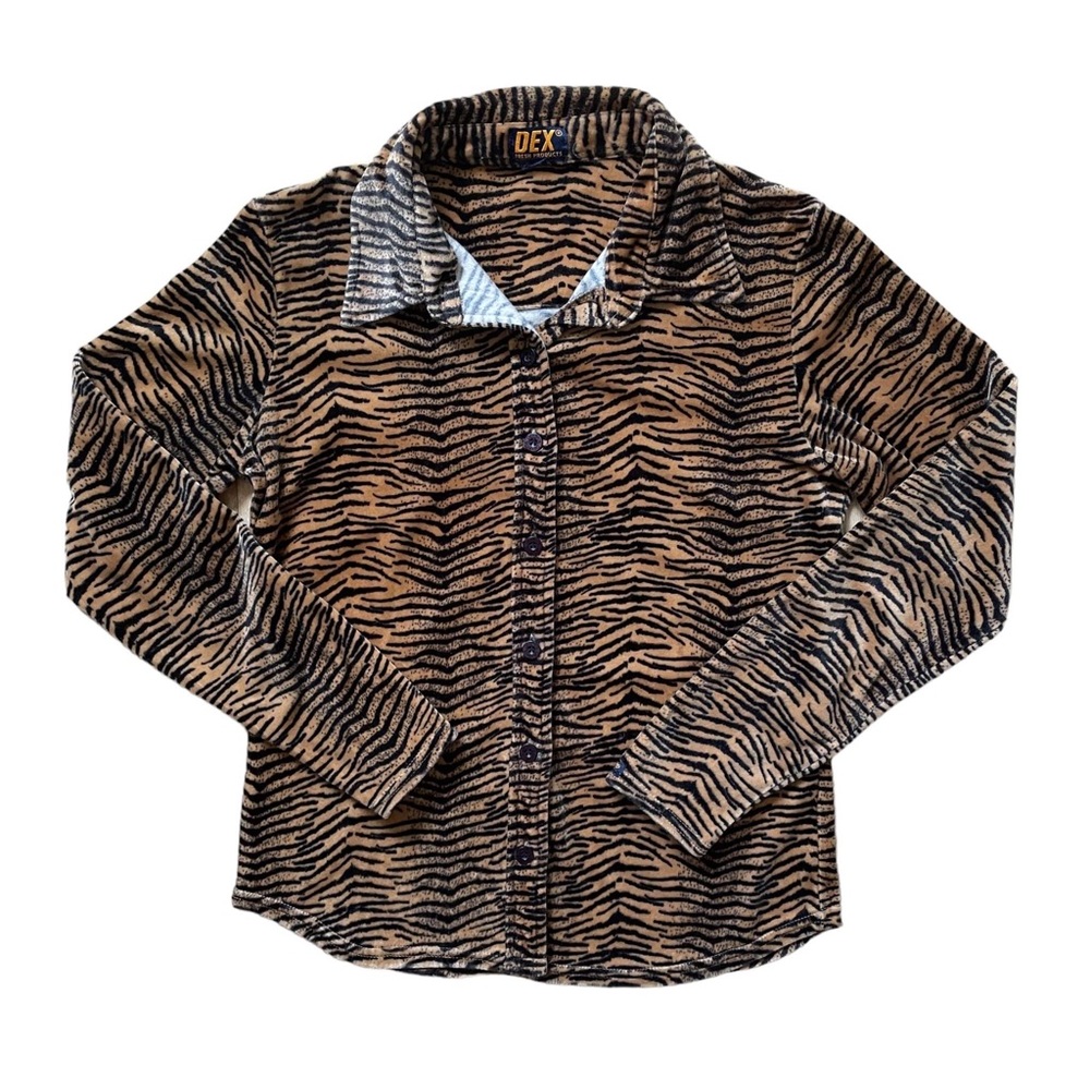 Vintage 90s Y2K Dex Fuzzy Tiger Print Long Sleeve Collared Button Up Top Medium